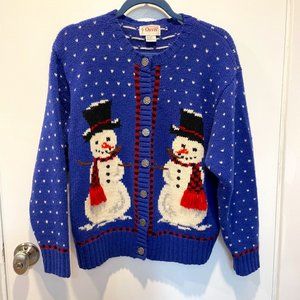 Orvis Blue Snowman Cardigan Sweater Vintage